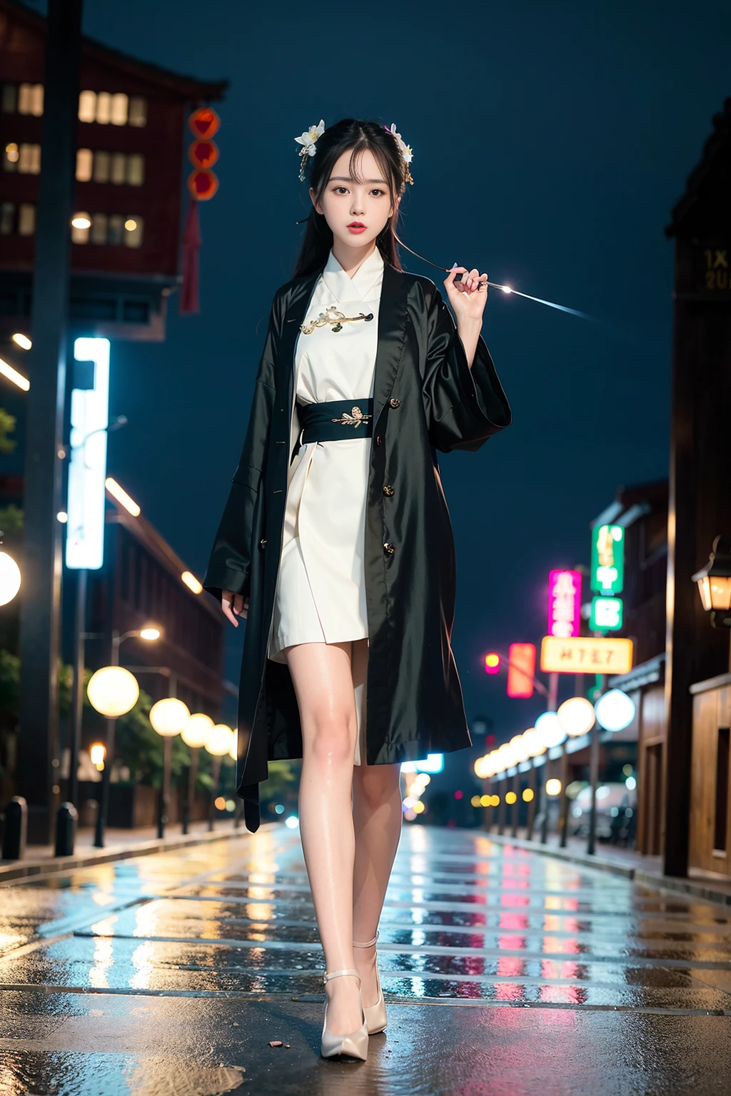 (8k, RAW photo, best quality, masterpiece), (realistic, photo-realistic),1girl,cute,cityscape, night, rain, wet, professional lighting, photon mapping, radiosity, physically-based rendering, <lora:hanfu2.1:0.5>, <lora:koreanDollLikeness_v15:0.25>,( silk coat, song, song Dynasty, song clothing:1),
