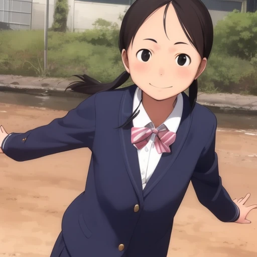 <lora:takamichi-style-v1_1:1>,takamichi style,1girl, looking at viewer, school uniform, spread arms, cowboy shot, blush, smile,
