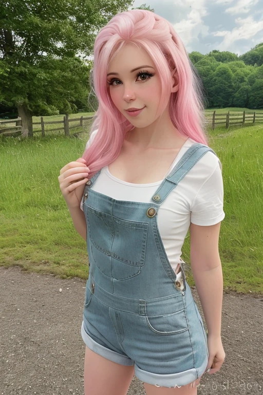 wearing overalls, white shirt, beautiful eyes, looking at viewer, closeup portrait face, best quality, upper body, BelleDelphine, woman standing outside, on (a farm), nikon d850 film stock photograph 4 kodak 400 camera f1.6 lens rich colors hyper realistic lifelike texture natural lighting trending on artstation cinestill 800, (100mm lens), <lora:BelleDelphineV1:1>, pink hair, mature face,