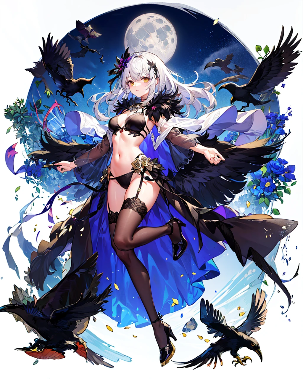 <lora:lightAndShadow_v10:0.4>, (masterpiece), (best quality), full body,simple background,flying,
1girl,shiny hair,white hair,feather hair ornament, white cloak, ((see-through)),navel,
plant, flower, full_moon,detective theme,black legwear, ((crow)),
1gir, in flower,black_bikini,1girl in flower ,navel,