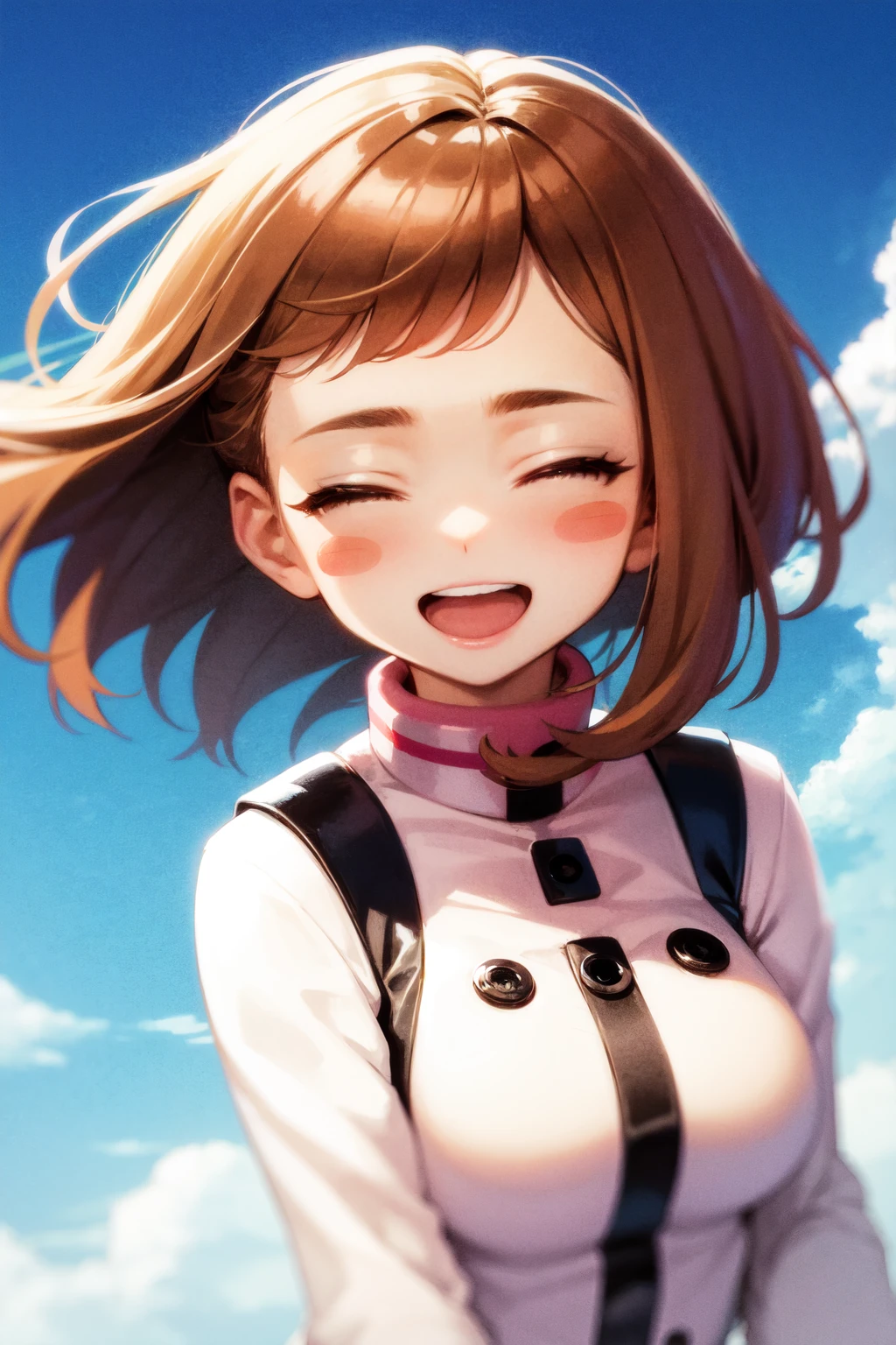 Ochako, 1girl, solo, smile, sky, cloud, open mouth, closed eyes, blush stickers, day, blue sky, bodysuit, :d, wind, upper body, floating hair, teeth, blush, facing viewer, outdoors, cloudy sky, ^_^<lora:Ochakodim8:1>,