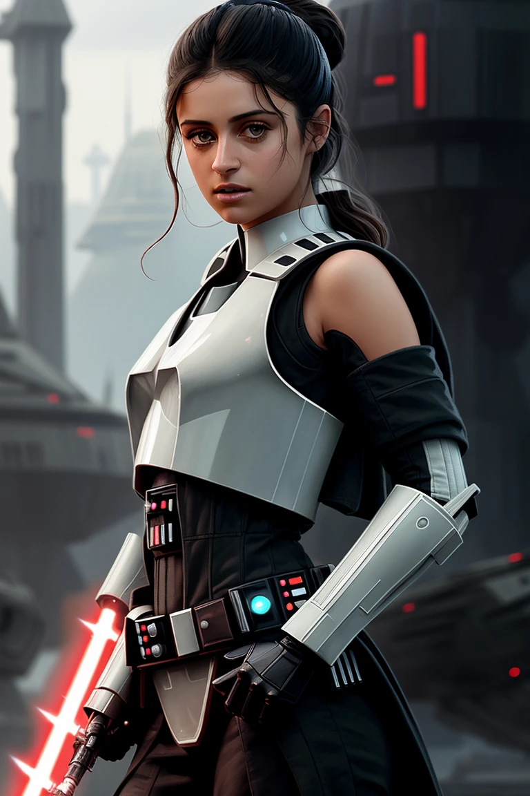picture of (anyachalotra), a woman as a sexy jedi master, modelshoot style, (extremely detailed CG unity 8k wallpaper), photo of the most beautiful artwork in the world, professional majestic oil painting by Ed Blinkey, Atey Ghailan, Studio Ghibli, by Jeremy Mann, Greg Manchess, Antonio Moro, trending on ArtStation, trending on CGSociety, Intricate, High Detail, (Sharp focus:1.1), dramatic, photorealistic painting art by midjourney and greg rutkowski, (natural light:1.1), (star wars ship interior:1.3), ((stormtroopers in the background)), (looking at viewer), (detailed eyes:1.2), (wielding a lightsaber:1.1), (revealing jedi attire:1.3), (defiance512:1.2), fight scene, (darth vader in background)
