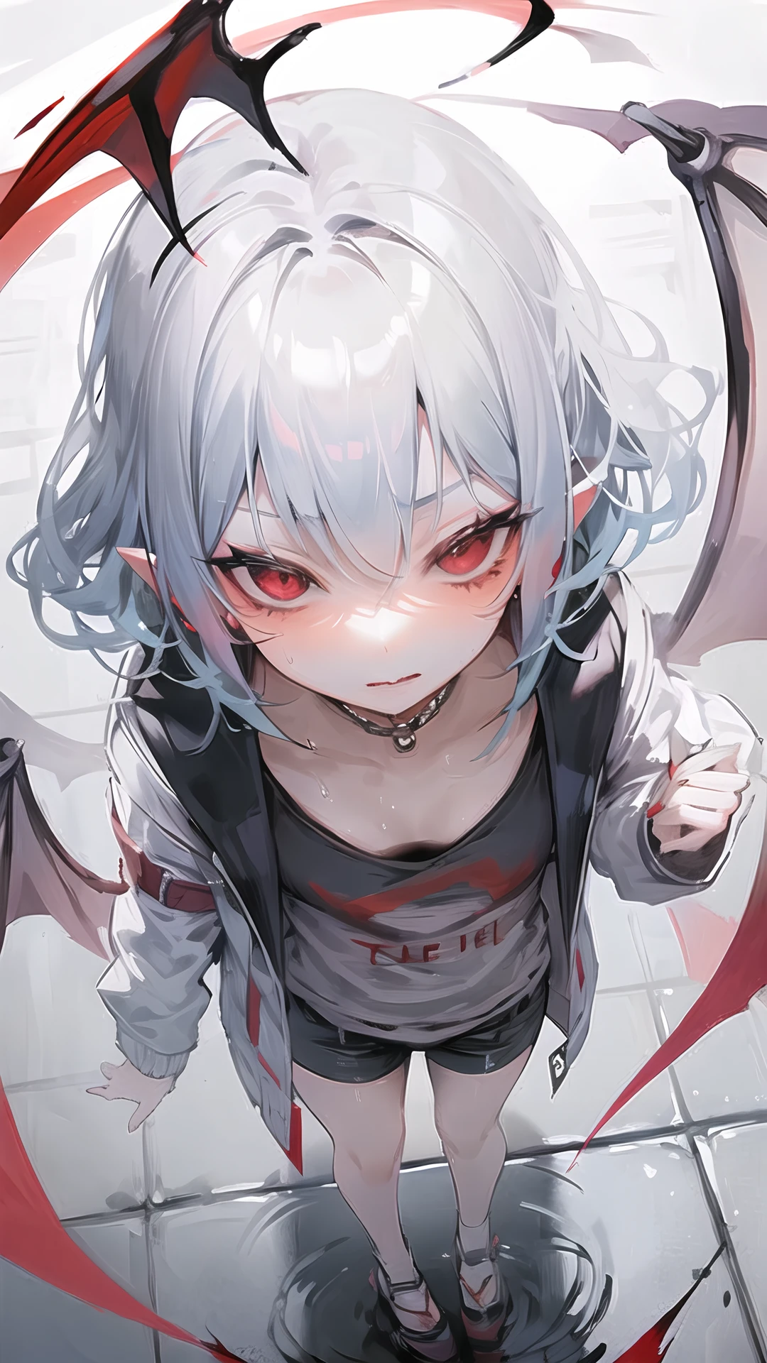 (((remilia scarlet))), (bat wings), (vampire), short hair, (((light blue hair))), ((standing)), (((face close up))), (((jacket, taut shirt))), cityscape, after rain, puddle, from below, 
<lora:123456:0.8>