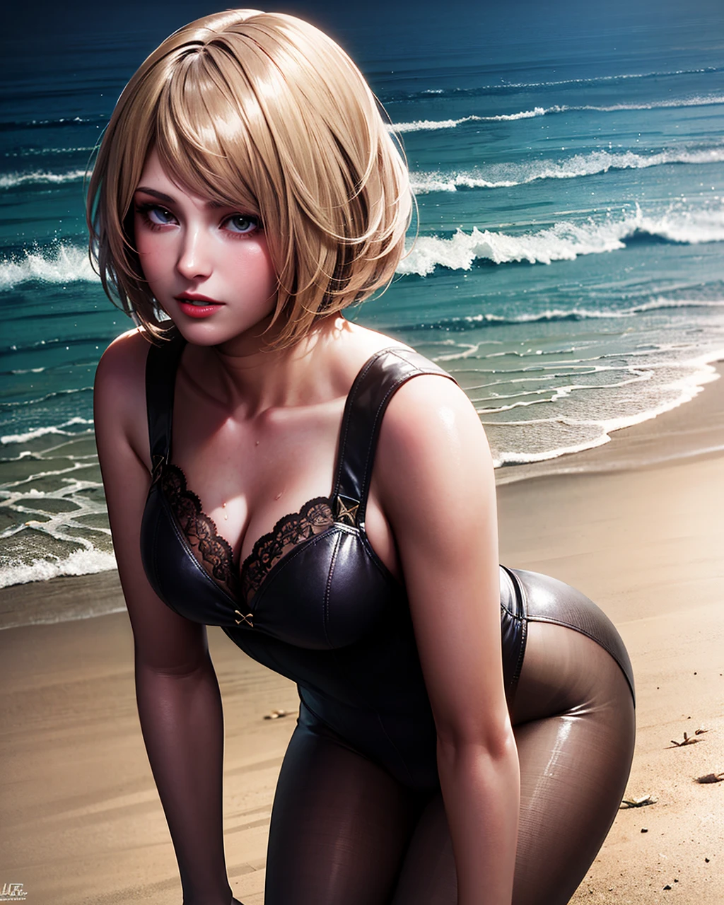 1girl, portrait of shot of re4ashley, leotard, pantyhouse, beach, cocktail glass, sea, sand, volumetric lighting, best quality, masterpiece, intricate details, tonemapping, sharp focus, hyper detailed, trending on Artstation, realistic, <lora:sxz-ashley-graham:0.6>