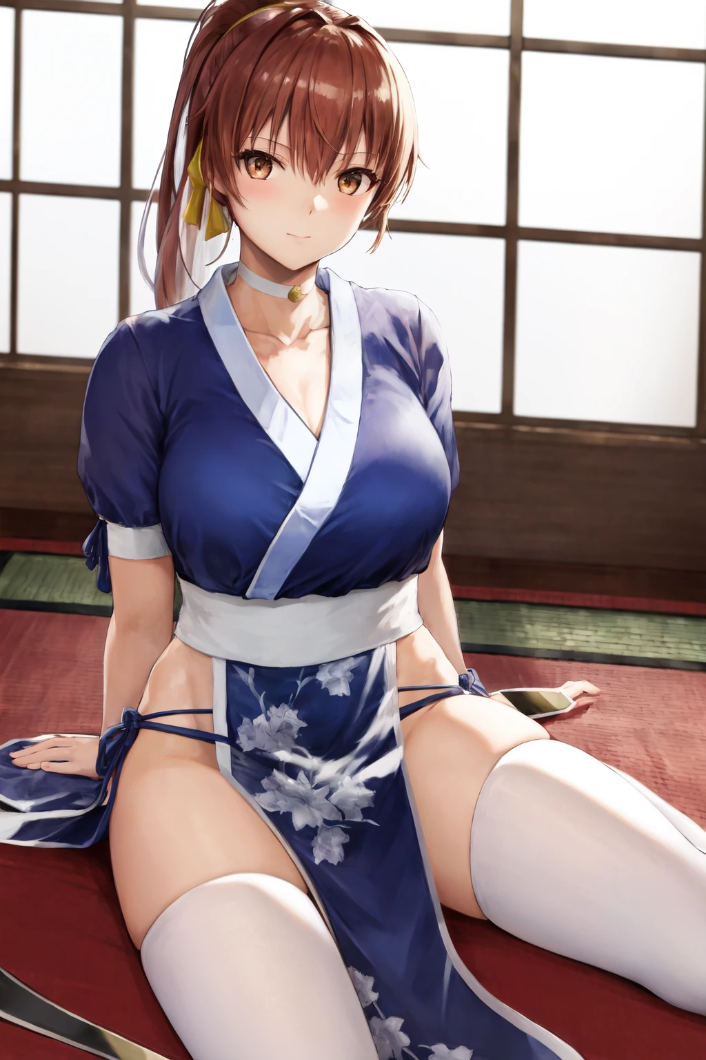 masterpiece, best quality, highres, 1girl, kasumi, sitting, blue japanese clothes <lora:doa_kasumi:1>