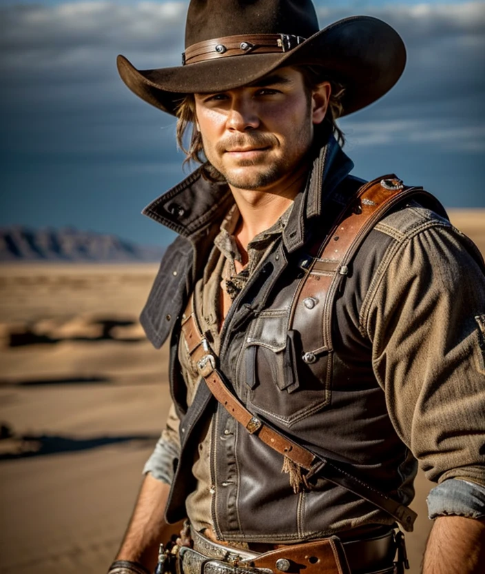 solo mid shot portrait photo of a cowboy from mad max
dark fantasy background, charming smirking
by Darek Zabrocki and Erin Hanson ultra realistic highly detailed intricate photorealistic analog style photograph sharp focus on eyes, cinematic lighting