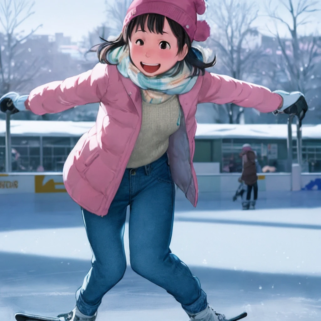 face light,watercolor painted background:,daytime,blurry background,1girl,<lora:takamichi-style-v1_1:1>,takamichi style, looking at viewer,laughing, baggy jacket, denim pants,(skating:1.3), ice rink, house,winter,scarf, knit hat, knit gloves,blush,