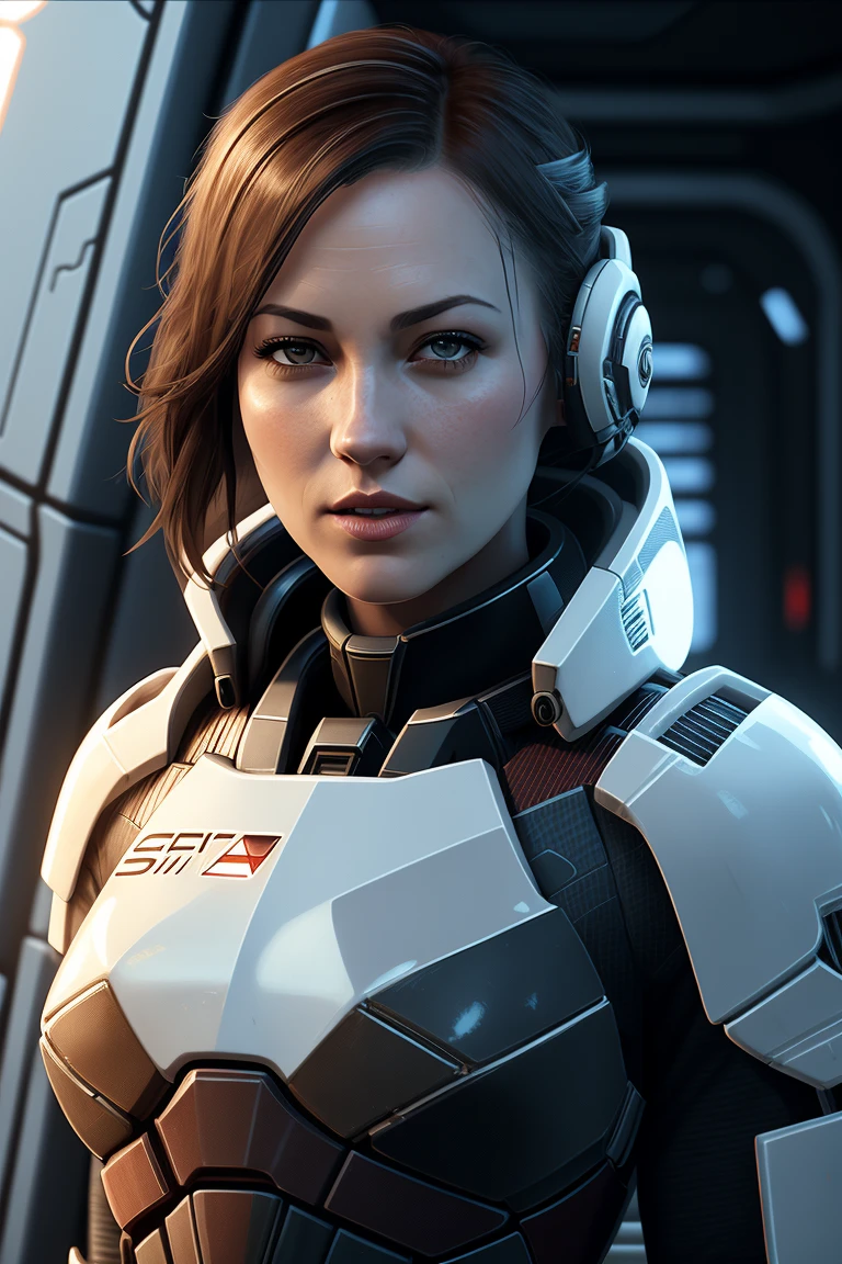 ((best quality)), ((masterpiece)), (detailed), perfect face, playful 20 year old woman, muscular and athletic body.  Sensual pose. Inside a spaceship, wearing highly detailed futuristic skimpy mass effect armor