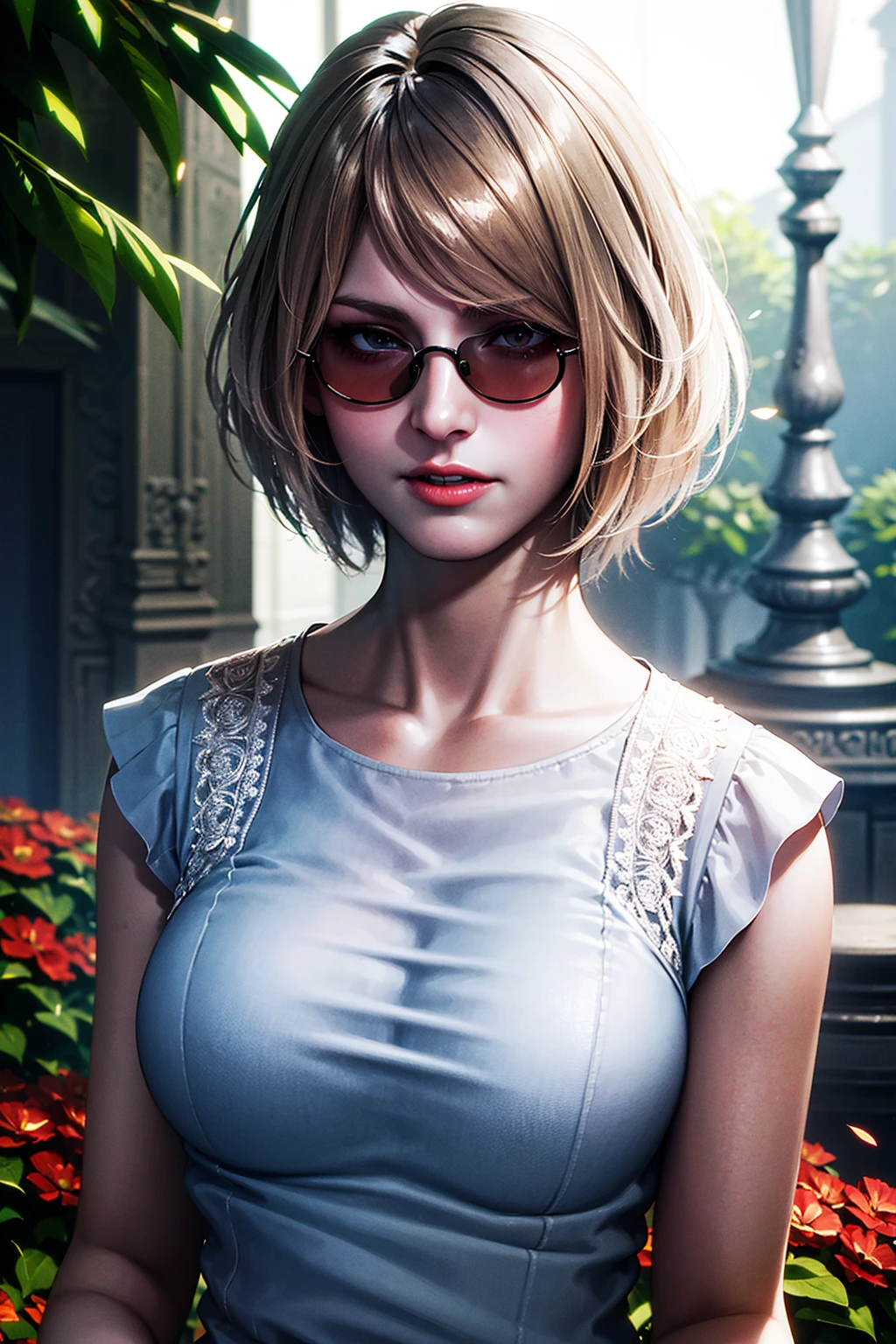 1girl, portrait of shot of re4ashley, sunglasses, tight white dress, park, flowers, volumetric lighting, best quality, masterpiece, intricate details, tonemapping, sharp focus, hyper detailed, trending on Artstation, realistic, <lora:sxz-ashley-graham:0.6>