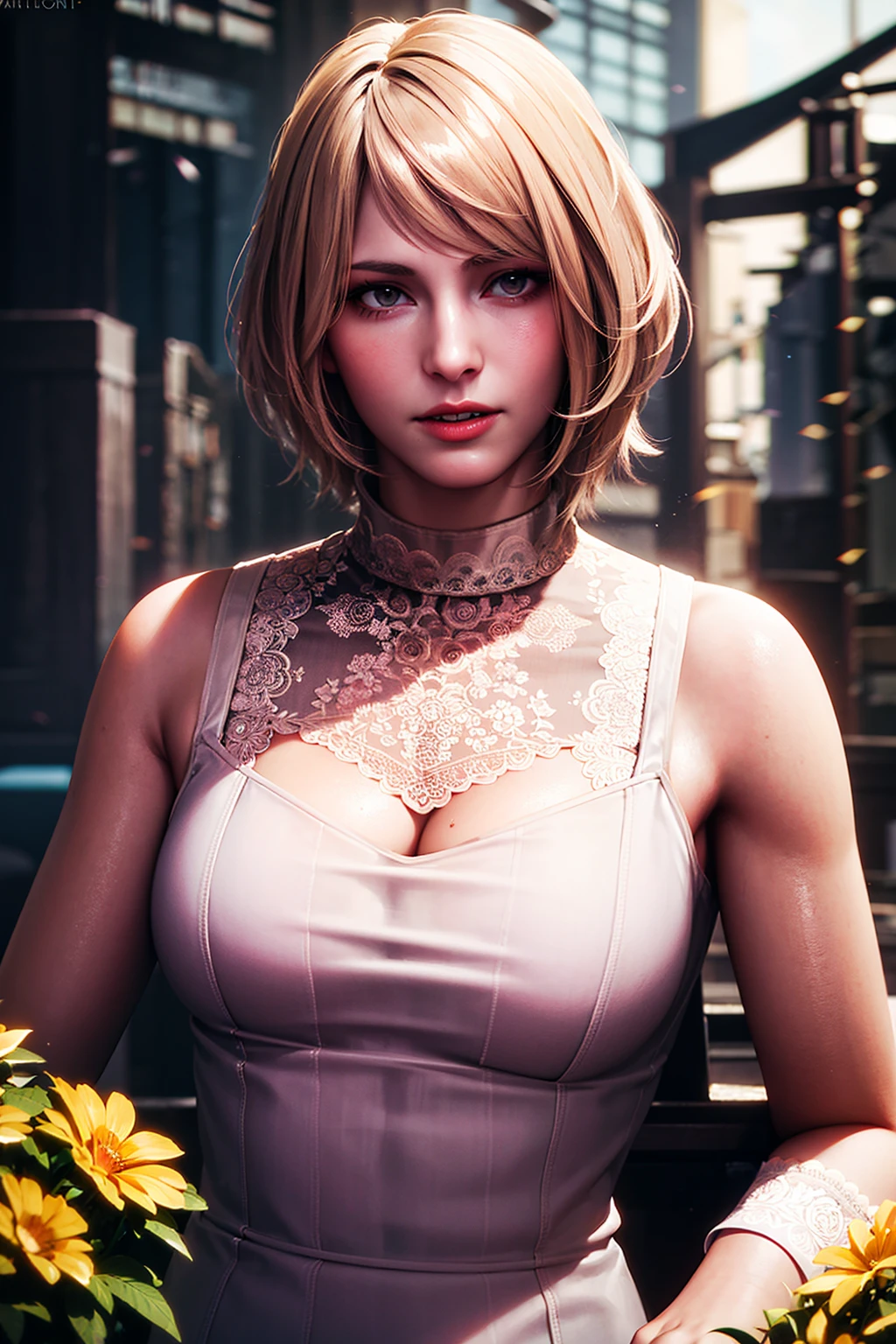 1girl, portrait of shot of re4ashley, tight white dress, park, flowers, volumetric lighting, best quality, masterpiece, intricate details, tonemapping, sharp focus, hyper detailed, trending on Artstation, realistic, <lora:sxz-ashley-graham:0.6>