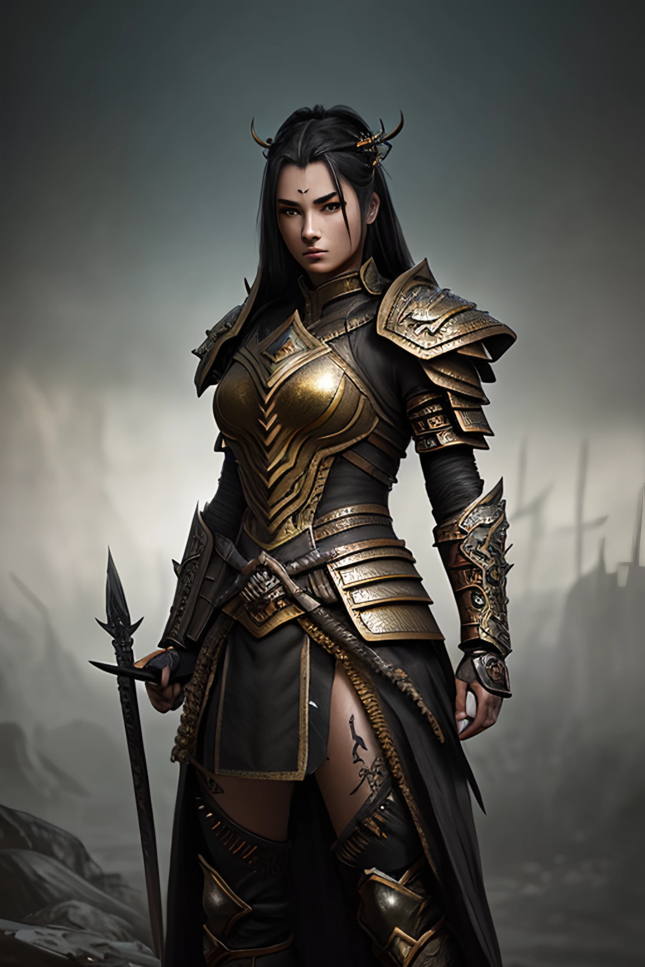 (dreamlikeart style:0.5), ( redshift style:1.1), (analog style:1.1), (copeseethemald style:0.8), (Photo:1.3) of (Detailed illustration:1.3) A (full body:1.3) shot at 8k resolution, splash art, fantastic comic book style, photorealistic, intense look, anatomical photorealistic digital painting portrait of a (old female:1.3) human (warrior:1.3) in black and gold intricate (heavy armor:1.3) in a (dark and moody universe:1.3), light particle, very detailed skin,samurai, very detailed eyes, (elden ring style:1.3), (warhammer style:1.1), concept artist, global illumination, depth of field, splash art, art by artgerm and greg rutkowski and viktoria gavrilenko,Highly Detailed