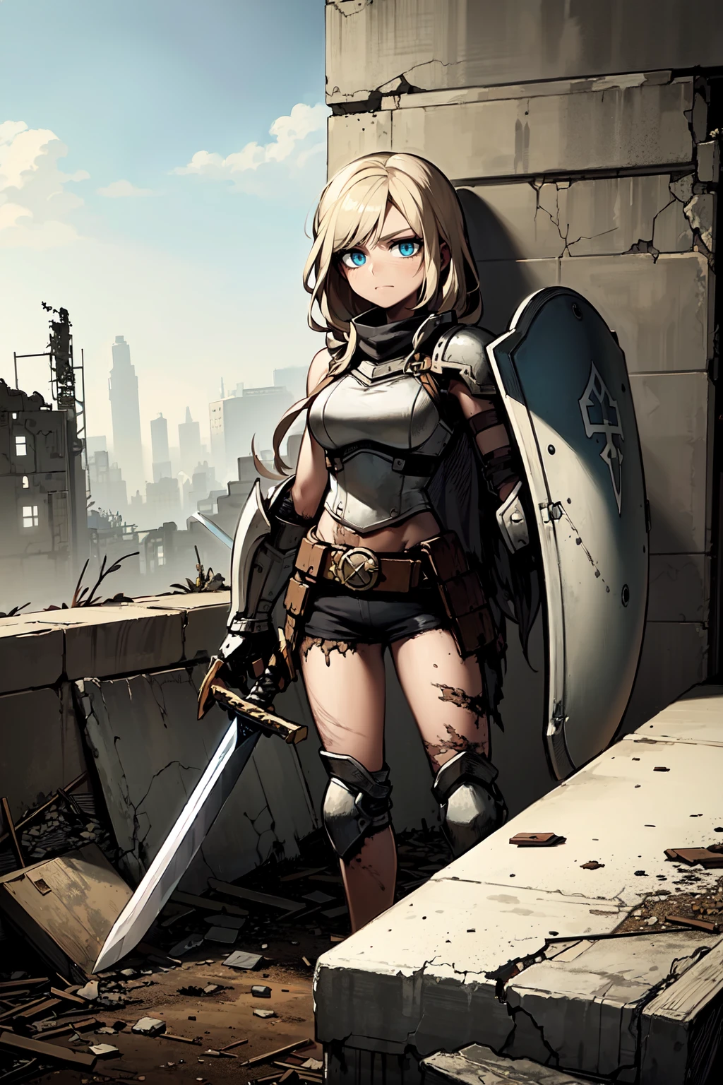 ((masterpiece, best quality)), (1girl), (solo), (female focus), (ruins, abandoned, derelict, desolate, dilapidated, decayed, post-apocalyptic, wasteland, dystopian:1.25), fantasy, (armor:1.0), (sword:1.2), (shield:1.4), blonde hair, blue eyes, holy sword, chivalry, knights