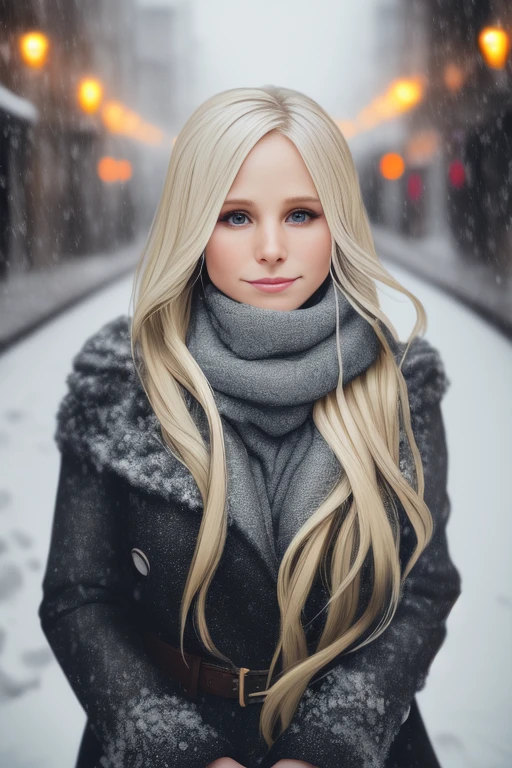 professional portrait photograph of a gorgeous (kristen-7000) in winter clothing with long wavy blonde hair, sexy smile, ((sultry flirty look)), freckles, beautiful symmetrical face, cute natural makeup, wearing elegant winter fashion clothing, ((standing outside in snowy city street)), stunning modern urban upscale environment, ultra realistic, concept art, elegant, highly detailed, intricate, sharp focus, depth of field, f/1. 8, 85mm, medium shot, mid shot, (centered image composition), (professionally color graded), ((bright soft diffused light)), volumetric fog, trending on instagram, trending on tumblr, hdr 4k, 8k
