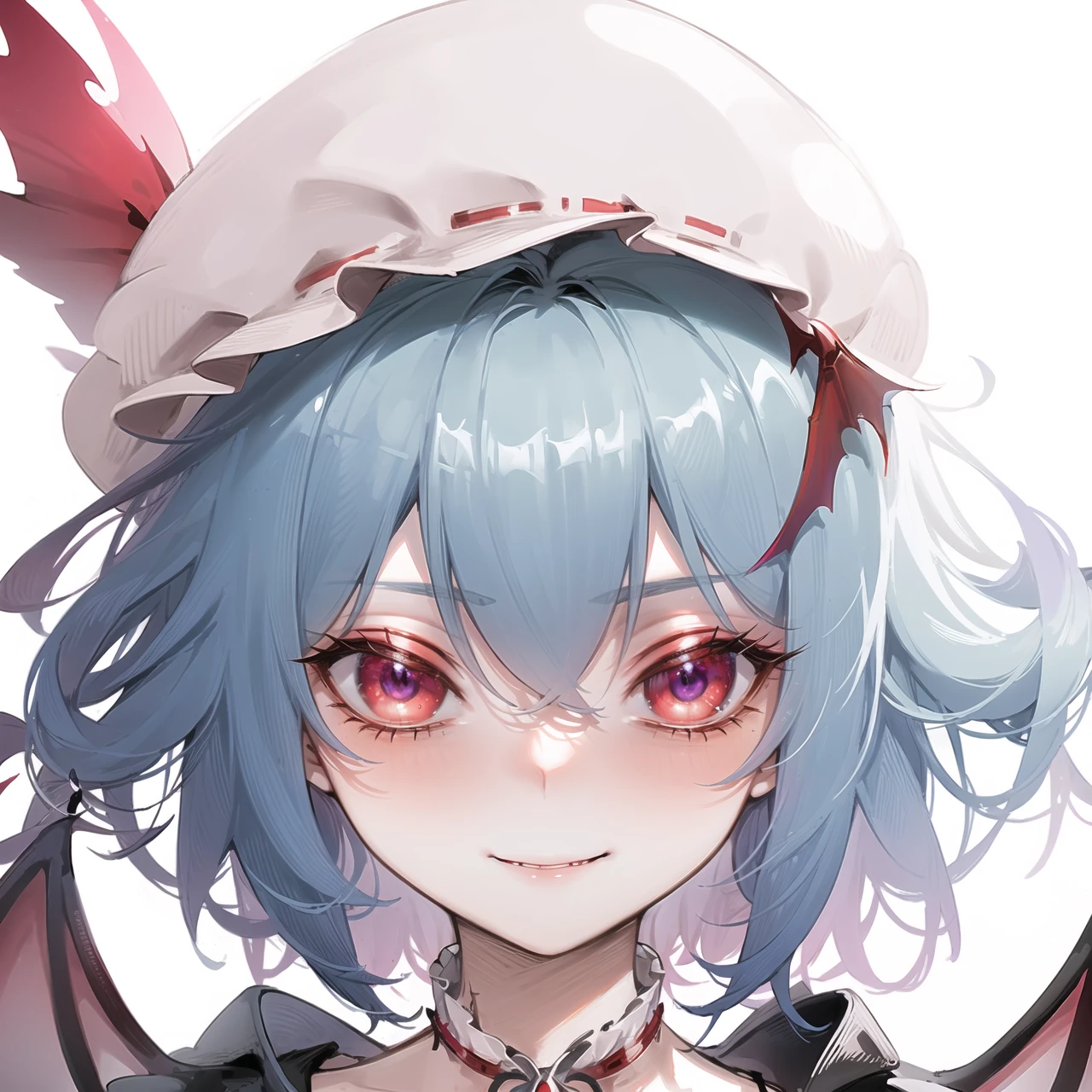 (((remilia scarlet))), (bat wings), (vampire), short hair, (((blue hair))), ((standing)), ((((face close up)))), ((jacket, taut shirt)), evil smile,
<lora:ohisashiburi style v1.0:0.8>