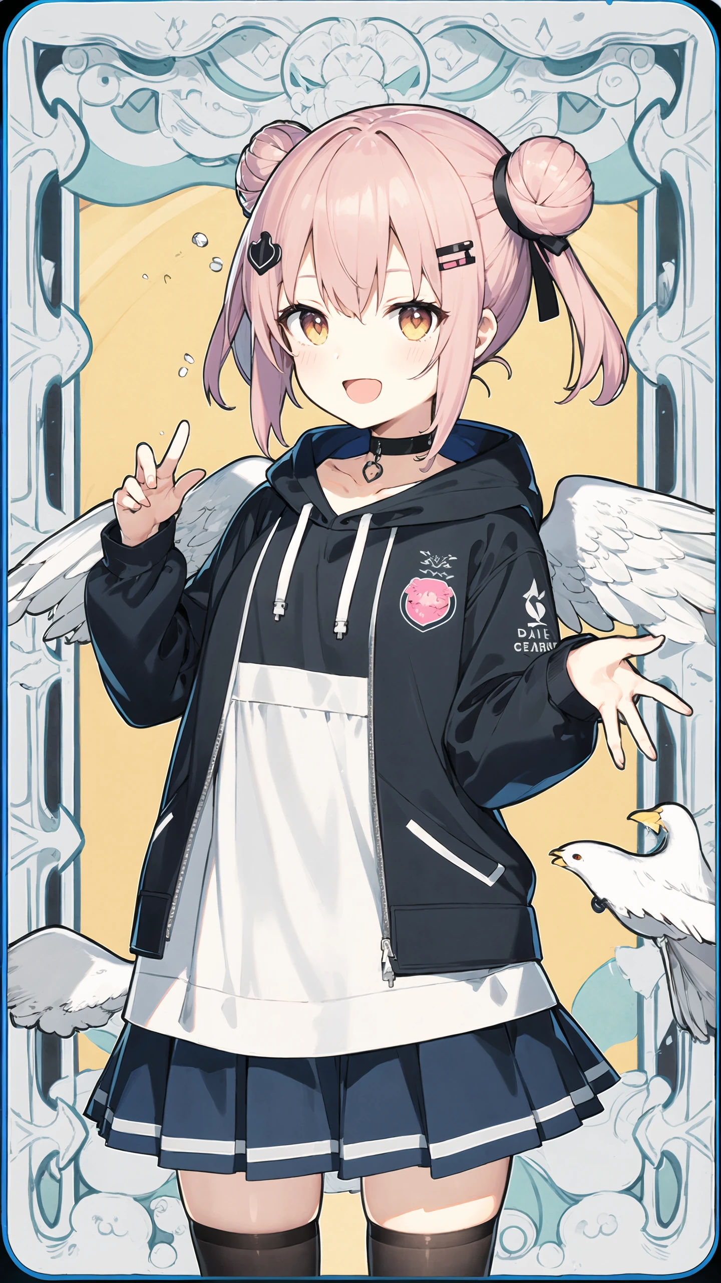 masterpiece, best quality, 1girl, solo, looking_at_viewer, smile, open_mouth, skirt, simple_background, shirt, hair_ornament, pink_hair, jacket, pink_hair, :d, multicolored_hair, pleated_skirt, wings, choker, hairclip, hood, pink_eyes, hair_bun, chibi, black_shirt, double_bun, black_choker, blush_stickers, white_skirt, yellow_background, feathered_wings, angel_wings, white_wings, <lora:animetarotV2-000002:0.8>