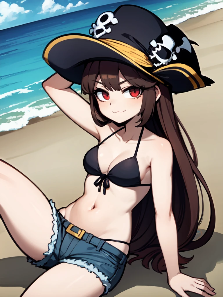 (masterpiece:1.3), (best quality:1.3), (cel shading:1.15), high resolution, extremely detailed cg, ((1girl)), ((solo girl)), ((female solo)), (small head), ((lustrous skin)), eyeliner, detailed face, best ratio four finger and one thumb BREAK (black pirate hat:1.3), shorts, long hair, bikini, swimsuit, front-tie top, halterneck, denim, sitting, arm support, denim shorts, breasts, navel, smile, looking at viewer, front-tie bikini top, beach, criss-cross halter, short shorts, brown hair, black bikini, cleavage, medium breasts, water, outdoors, knee up, collarbone, stomach, very long hair, cutoffs, ocean, day, open fly, bare shoulders, midriff, red eyes, arm strap, thighs, (:3:1.1)