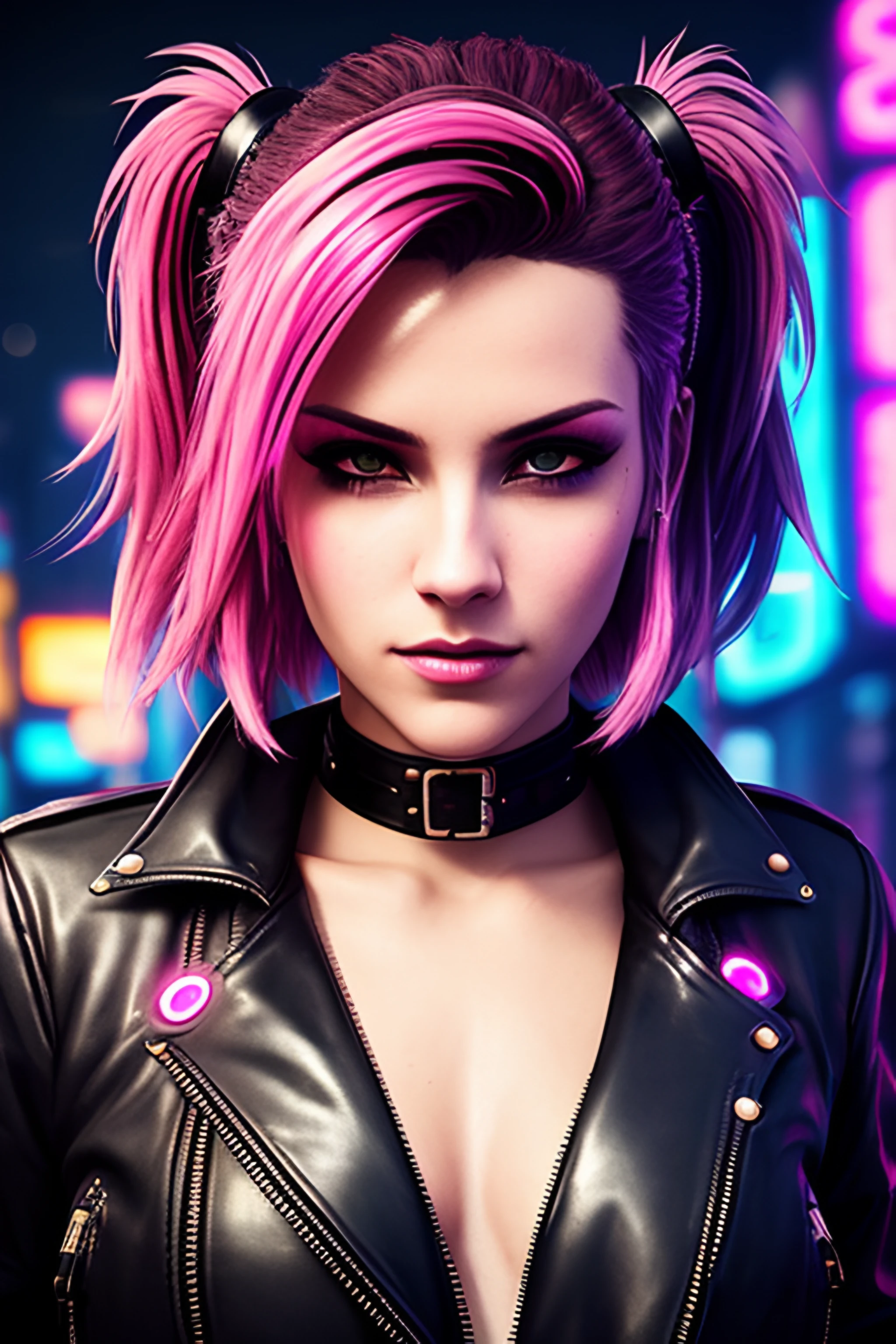 (dreamlikeart style:0.5), ( redshift style:1.1), (analog style:1.1), (copeseethemald style:0.8), award winning waist up photo of a beautiful cyberpunk hacker, wearing torn black leather jacket, latex bodysuit, tarnished and scratched hacking device, worn leather gloves, short spiky pink hair, bright pink eyes, dense cyberpunk street, dive bar, neon holograms in background, dark, ominous, foggy, high contrast, shiny skin, soft lighting, backlighting, bloom, light sparkles, chromatic aberration, sharp focus