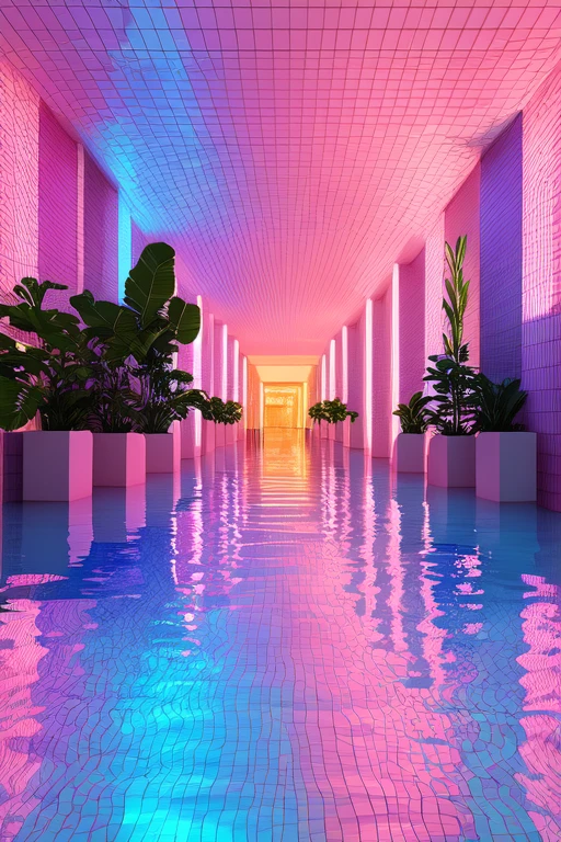 <lora:S1-Backroom_DreamLike-000006:0.5>,
backroom,liminal space,Level-37,Sublimity,water,white tiles,reflection,blue water,blue lighting,pink light,plant,water corridor, infinity corridor,
(photorealistic), [sharp focus], (HDR), (8k), (gigapixel), (masterpiece)