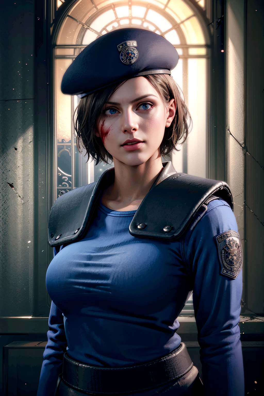 1girl, portrait of jillvoth, beret, shoulder pads, blue military uniform, shirt, (blood on face), scared, afraid, parted lips, old mansion indoors, window, lightning, thunder, volumetric lighting, best quality, masterpiece, intricate details, tonemapping, sharp focus, hyper detailed, trending on Artstation, realistic, <lora:sxz-jill-valentine-v3:0.6> <lora:to8contrast style ContrastFix_sd15:0.6>