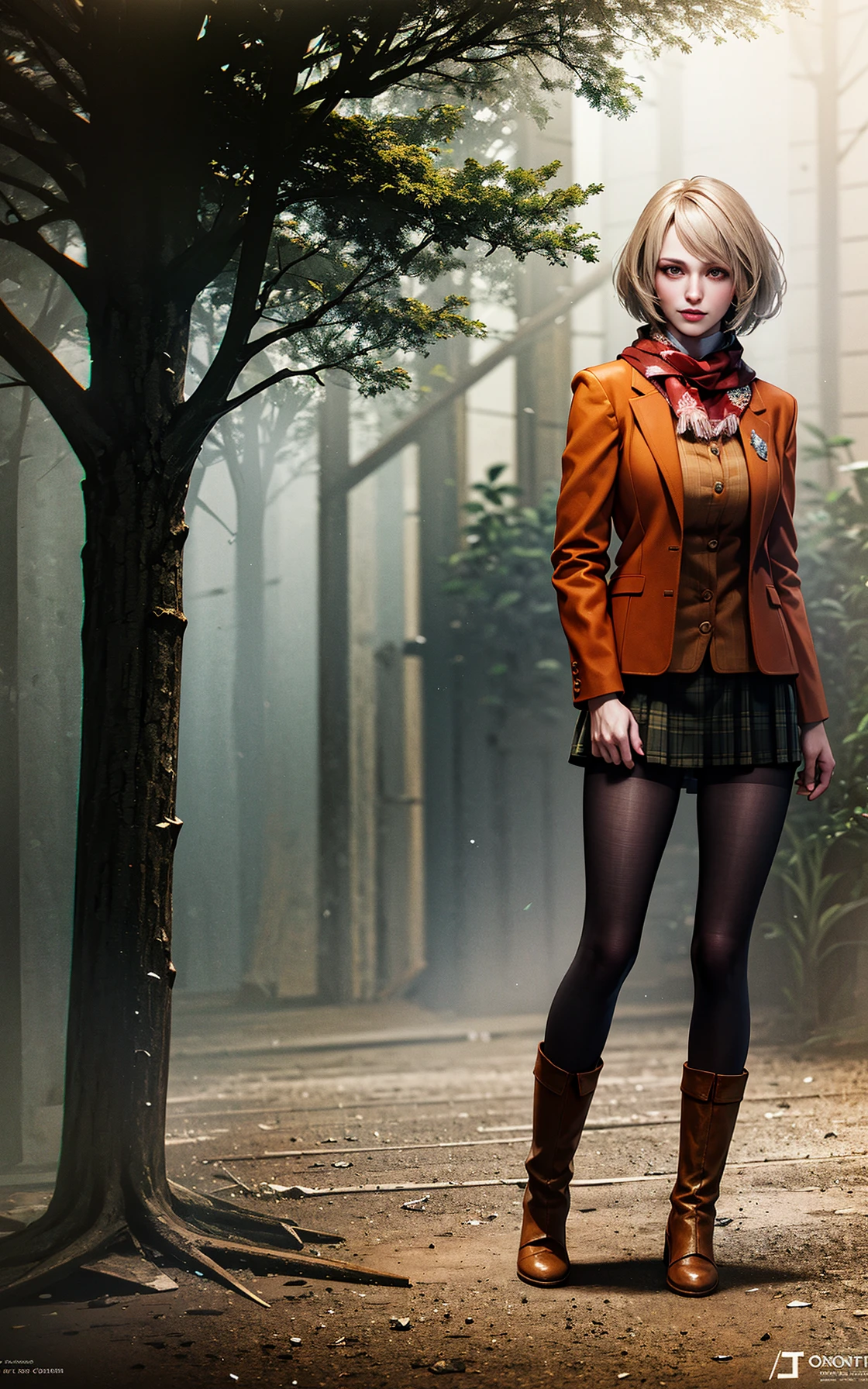 1girl, full body of re4ashley, orange jacket, scarf, black plaid skirt, pantyhouse, boots, athletic, dark forest, smoke, fog, volumetric lighting, best quality, masterpiece, intricate details, tonemapping, sharp focus, hyper detailed, trending on Artstation, realistic, <lora:sxz-ashley-graham:0.6>