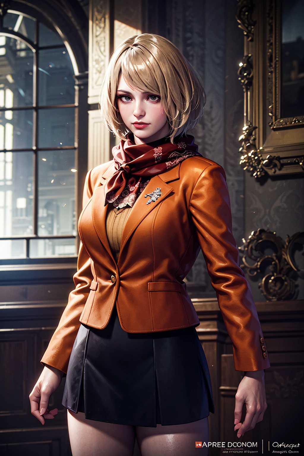 1girl, cowboy shot of re4ashley, orange jacket, scarf, black skirt, dark old mansion indoors, window, lightning, night, thunder, volumetric lighting, best quality, masterpiece, intricate details, tonemapping, sharp focus, hyper detailed, trending on Artstation, realistic, <lora:sxz-ashley-graham:0.6>