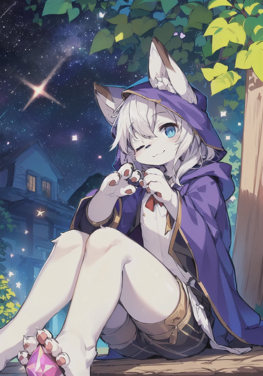(masterpiece:1.3), (2D:1.0), (anime:1.0), (illustration:1.0), (sharp:1.2),
(hard light:1.0), (shadow:1.0),(reflection, refraction:0.8), (light rays, dappled light, light glare, lens flare, Tyndall effect:1.0),
(clear, shiny:1.0),
(best quality:1.2), (ultra-detailed:1.0), (extremely intricate:1.0),
(blurry foreground,cinematic light,ray tracing:1.1),
(bright_colors,dark_intense_shadows:1.3),
(impasto,outline,colorful:1.3),
(blurry,bloom, overexporsure:1.0),
(warm_light_from_below,glow_white_particles:1.2),
(granblue_fantasy_\(style\):1.1).
(young_male,bishounen,11_years_old:1.5),1boy,cub,anthro,uploaded_on_e621,wolf_boy,furry_kemono,furry_male,(detailed_fluffy_fur,tuft,white_fur,body_fur:1.5),(fluffy_big_tail:1.3),animal_nose,animal_ear_fluff,wolf_ears,(fluffy_wolf_paws,pawpads,animal_hand:1.3),kawaii,cute,fancy,fragile,oil,handsome,solo,(upper_body,cowbow_shot:1.3),male_focus,blue_clothes,(hooded_cloak,hood_up:1.5),male_short_hair,white_hair,blue_eyes,one_eye_closed,bangs,closed_mouth,smile,light_blush,hands_up,holding_star,bottomless,(knees_together_feet_apart,sitting:1.2),looking_at_viewer.
(night,starry_sky,crescent_moon,star_\(sky\),gem,plant, star_\(symbol\),sparkle),outdoors, scenery.
<hypernet:furry_kemono:0.65>