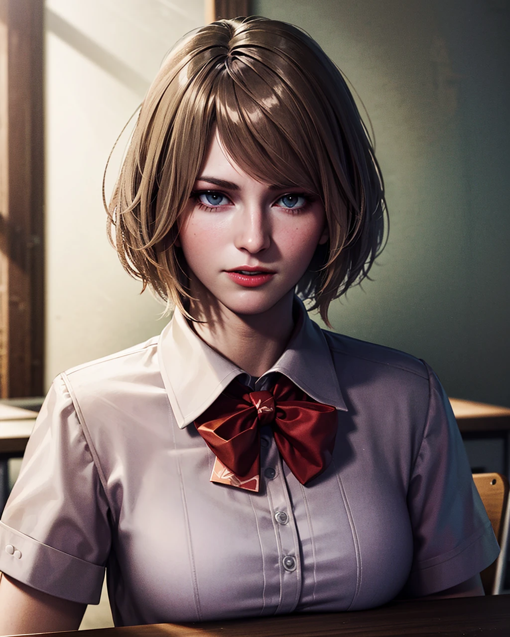 1girl, portrait of shot of re4ashley, athletic, black school uniform, white shirt, classroom, volumetric lighting, best quality, masterpiece, intricate details, tonemapping, sharp focus, hyper detailed, trending on Artstation, realistic, <lora:sxz-ashley-graham:0.6>