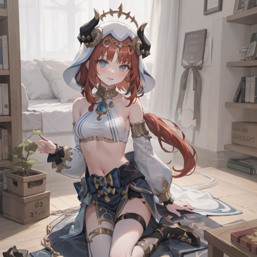 masterpiece, best quality, 1girl, solo, nilou_genshin, headdress, horns, red hair, exposed navel, arabian dress <lora:Nilou:0.8>