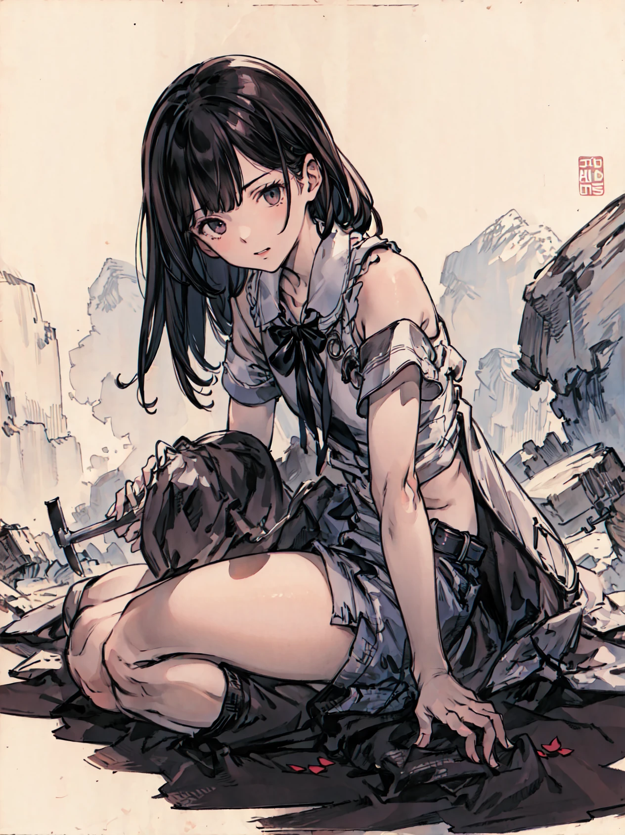 (masterpiece:1.2), (highest quality:1.2), Perfect Eyes, Perfect Face, Perfect lighting, middle ages, middle ages, battlefield, rubble, 1boy, Black Hair, white eye, blunt bangs, short hair , Ahoge, ((((nude)))) , open mouth, scared, ((smile)), front, Small breasts, (messy hair), spread legs, arms behind head,