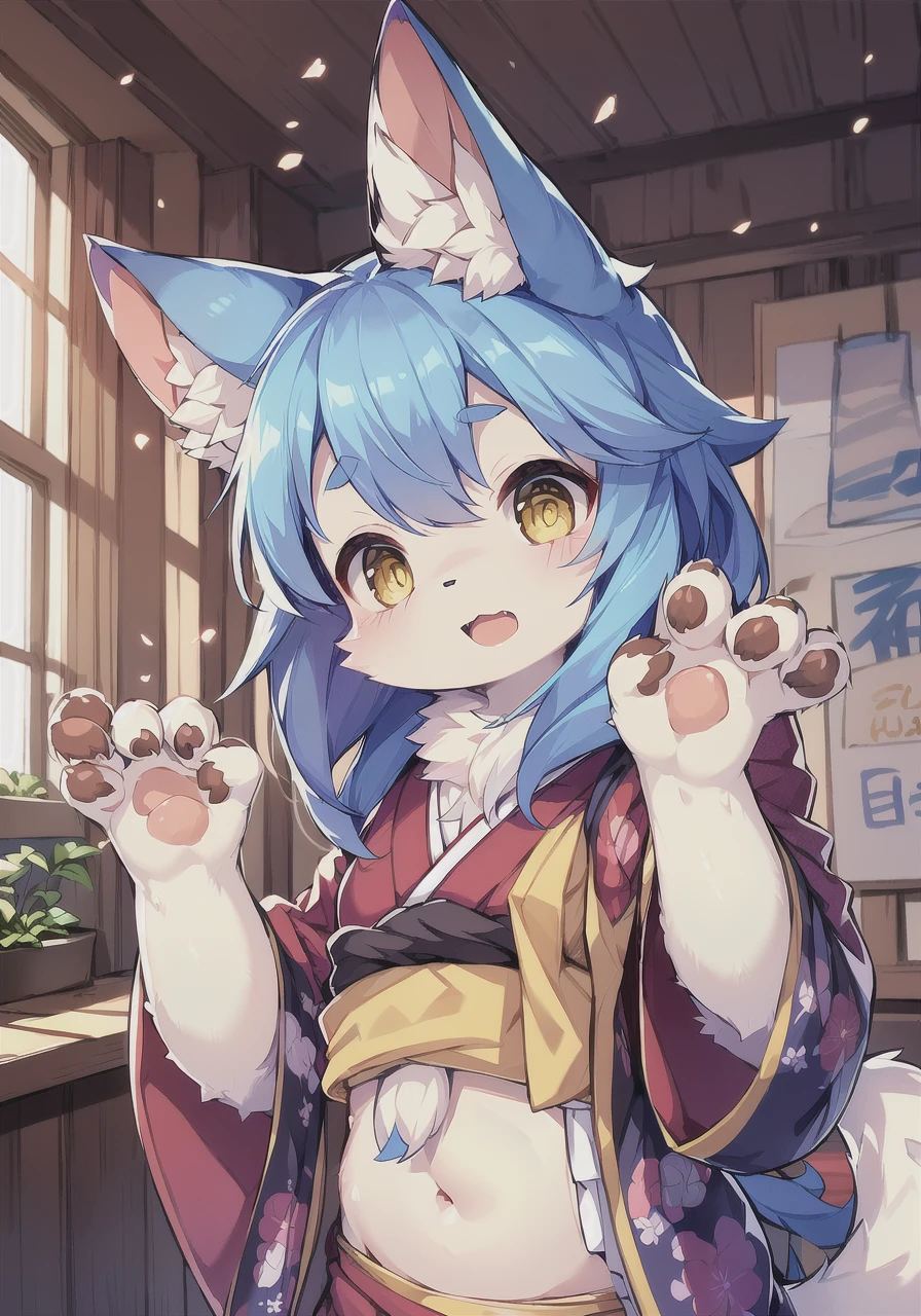 (masterpiece:1.3), (2D:1.0), (anime:1.0), (illustration:1.0), (sharp:1.2),
(hard light:1.0), (shadow:1.0),(reflection, refraction:0.8), (light rays, dappled light, light glare, lens flare, Tyndall effect:1.0),
(clear, shiny:1.0),
(best quality:1.2), (ultra-detailed:1.0), (extremely intricate:1.0),
(blurry foreground,cinematic light,ray tracing:1.1),
(bright_colors,dark_intense_shadows:1.3),
(impasto,outline,colorful:1.3),
(blurry,bloom, overexporsure:1.0),
(warm_light_from_below,glow_white_particles:1.2),
(granblue_fantasy_\(style\):1.1).
(young_female,tareme,11_years_old:1.5),1girl,cub,anthro,uploaded_on_e621,cat_girl,furry_kemono,furry_female,(detailed_fluffy_fur,tuft,yellow_fur,body_fur:1.5),(fluffy_big_tail:1.3),animal_nose,animal_ear_fluff,cat_ears,(fluffy_cat_paws,pawpads,animal_hand:1.3),kawaii,cute,fancy,fragile,oil,handsome,solo,(upper_body,cowbow_shot:1.3),female_focus,kimono,japanese_clothes,print_paws,cabbie_hat,very_long_hair,blue_hair,yellow_eyes,one_eye_closed,bangs,open_mouth,shy,light_blush,waving,navel,looking_at_viewer.
shopping_mall,indoors.
<hypernet:furry_kemono:0.65>