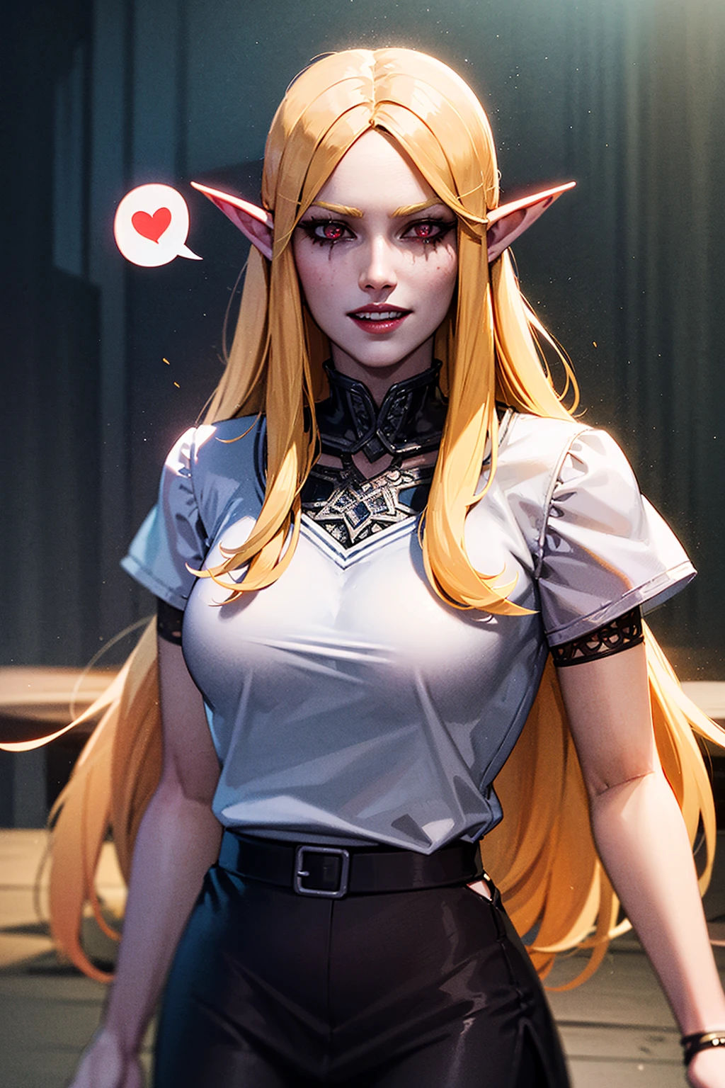 1girl, cowboy shot of sylvdark looking at viewer, colored skin, grin, teeth, spoken heart, elf, long eyebrows, (white shirt, black skirt), athletic, volumetric lighting, best quality, masterpiece, intricate, volumetric lighting, cinematic, 8k, cinematic lighting, masterpiece, perfect, intricate details, tonemapping, realistic <lora:sxz-sylvanas:0.6>