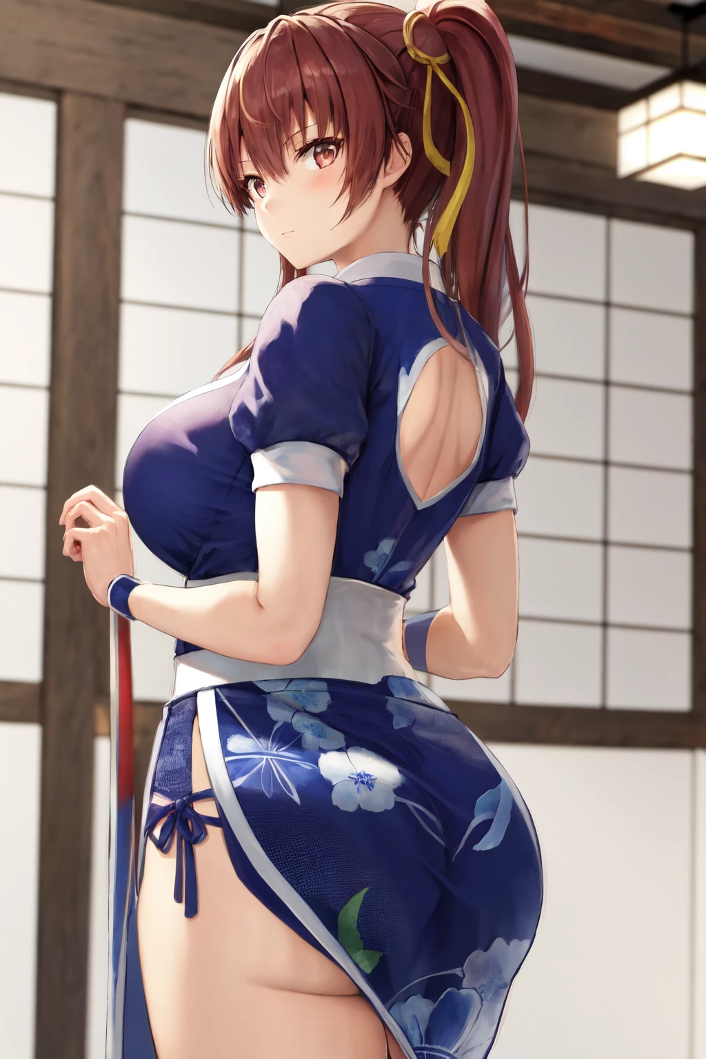 masterpiece, best quality, highres, 1girl, kasumi, from behind, blue japanese clothes <lora:doa_kasumi:1>