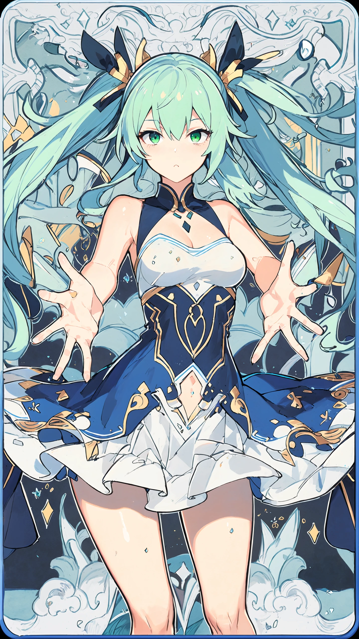 (((masterpiece))),(((bestquality))),((ultra-detailed)),(illustration),((anextremelydelicateandbeautiful)),dynamicangle,floating,(beautifuldetailedeyes),(detailedlight) (1girl), solo, floating_hair,glowingeyes,green hair,greeneyes, twintails, halterdress, <lora:atdanStyleLora_lk:0.6>, atdan <lora:animetarotV2-000002:1>, green background,