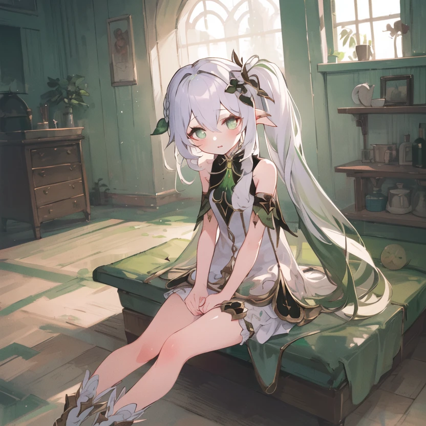 masterpiece, best quality, 1girl, nahida_genshin, long white hair, green eyes, cross shaped pupils, dramatic lighting, colorful refractions <lora:Nahida:1>
