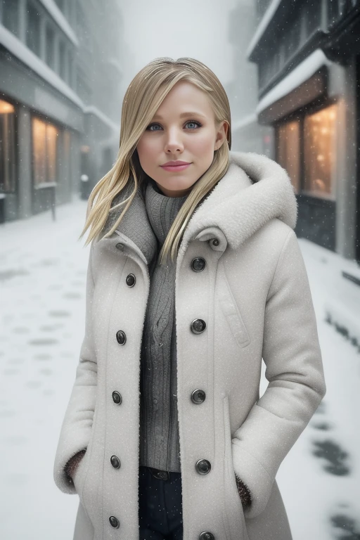 professional portrait photograph of a gorgeous (kristen-7000) in winter clothing with short wavy blonde hair, freckles, beautiful symmetrical face, cute natural makeup, wearing elegant winter fashion clothing, ((standing outside in snowy city street)), stunning modern urban upscale environment, ultra realistic, concept art, elegant, highly detailed, intricate, sharp focus, depth of field, f/1. 8, 85mm, medium shot, mid shot, (centered image composition), (professionally color graded), ((bright soft diffused light)), volumetric fog, trending on instagram, trending on tumblr, hdr 4k, 8k