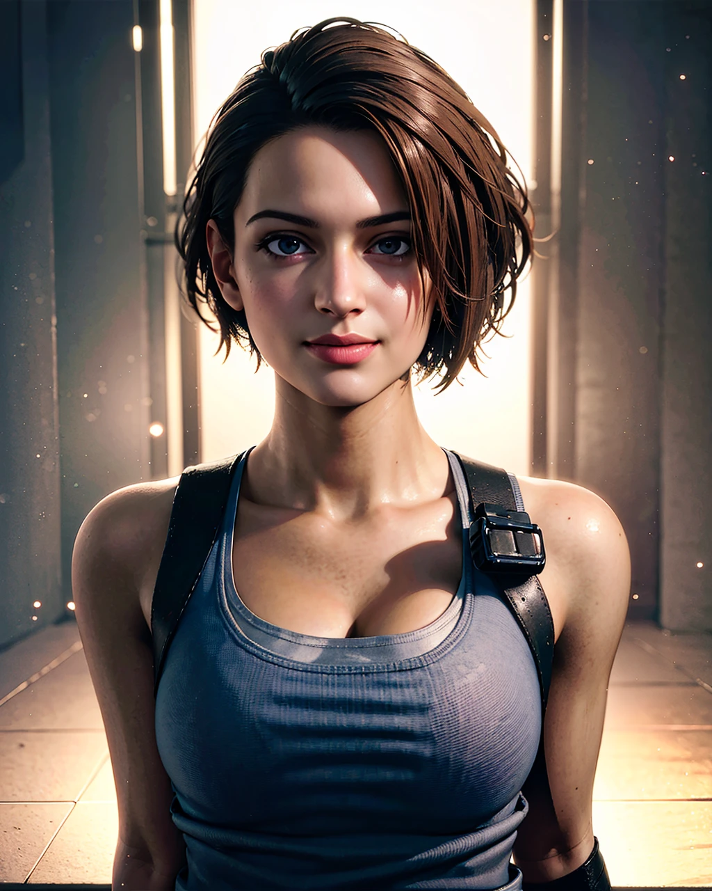 1girl, portrait of zotovalentine, smile, tank top, shoulder holster, athletic, volumetric lighting, best quality, masterpiece, intricate details, tonemapping, sharp focus, hyper detailed, trending on Artstation, realistic, <lora:sxz-jill-valentine-v3:0.7>