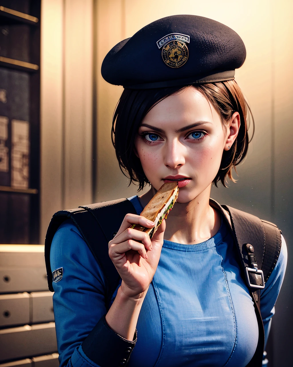 1girl, jillvoth, eating, sandwich, food, holding food, blue military uniform, beret, pauldrons, athletic, volumetric lighting, best quality, masterpiece, intricate details, tonemapping, sharp focus, hyper detailed, trending on Artstation, realistic, <lora:sxz-jill-valentine-v3:0.6>