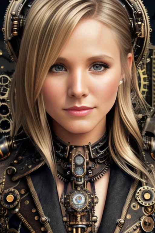 photo of kristen-7000, (front to camera), detailed european face, (aspiring facial expression), (((steampunk style close))), ((steampunk city on the background)), RAW, analog style, ultra detailed photograph, cinematic lighting, artstation, 4k, sharp focus, high resolution, detailed skin, detailed eyes,