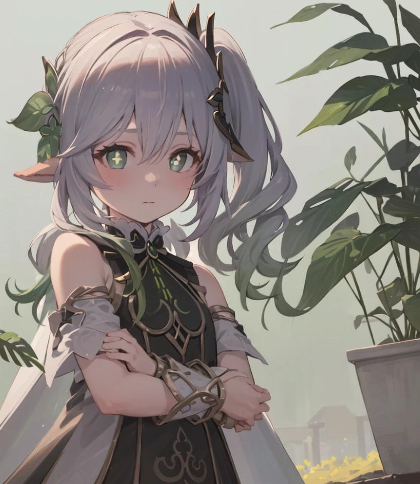 masterpiece, best quality, 1girl, solo, (close-up, face focus:1.2), nahida_genshin, cross-shaped pupils, side ponytail, standing <lora:Nahida2:1>