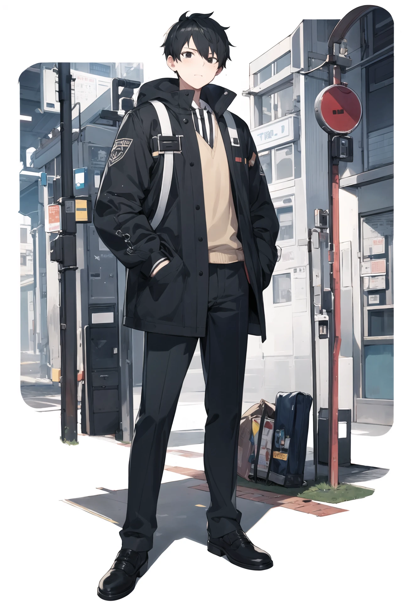masterpiece, best quality, 1man, uniform, hand in pocket, school bag, black hair, black eyes, cyberpunk, street, <lora:tachi-e:1>, tachi-e, white background, full body