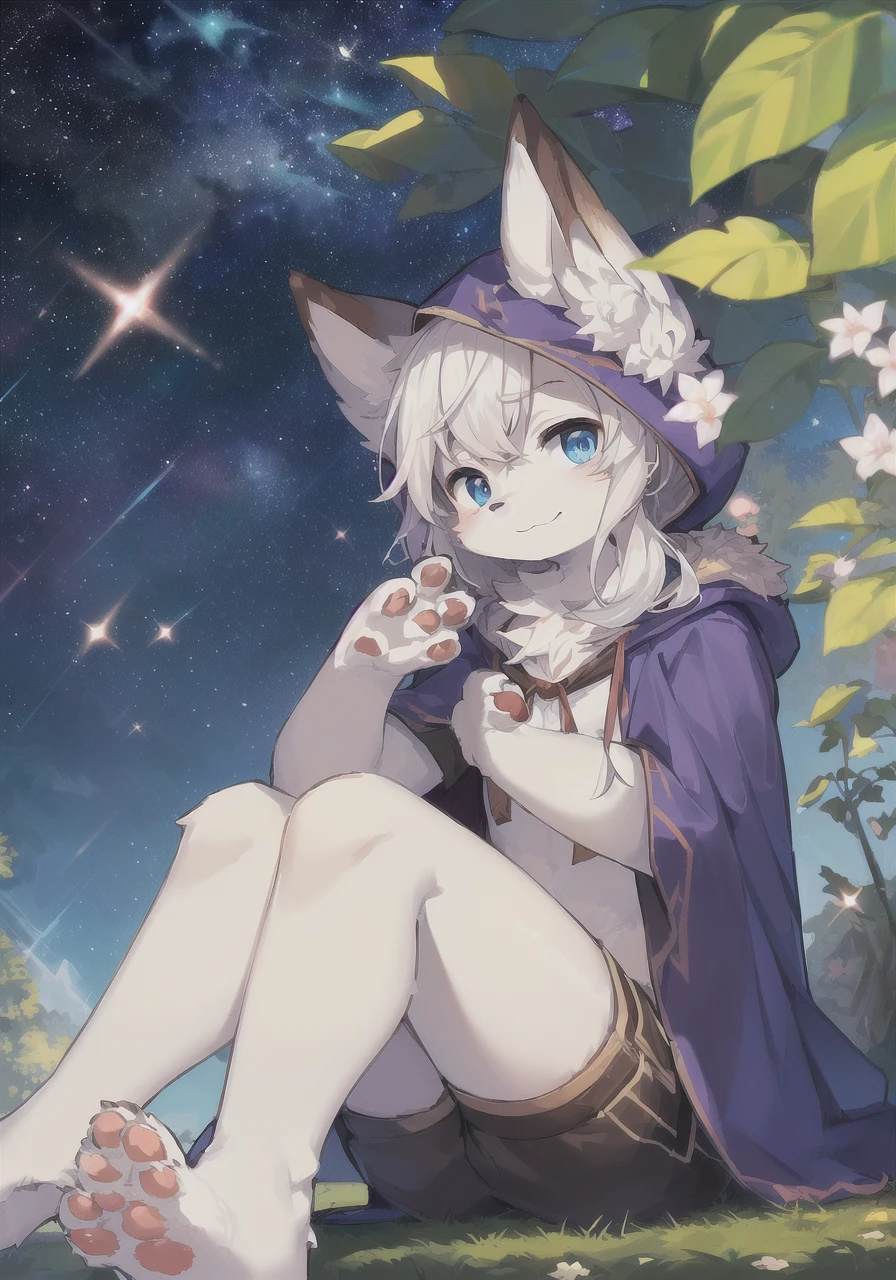 (masterpiece:1.3), (2D:1.0), (anime:1.0), (illustration:1.0), (sharp:1.2),
(hard light:1.0), (shadow:1.0),(reflection, refraction:0.8), (light rays, dappled light, light glare, lens flare, Tyndall effect:1.0),
(clear, shiny:1.0),
(best quality:1.2), (ultra-detailed:1.0), (extremely intricate:1.0),
(blurry foreground,cinematic light,ray tracing:1.1),
(bright_colors,dark_intense_shadows:1.3),
(impasto,outline,colorful:1.3),
(blurry,bloom, overexporsure:1.0),
(warm_light_from_below,glow_white_particles:1.2),
(granblue_fantasy_\(style\):1.1).
(young_male,bishounen,11_years_old:1.5),1boy,cub,anthro,uploaded_on_e621,wolf_boy,furry_kemono,furry_male,(detailed_fluffy_fur,tuft,white_fur,body_fur:1.5),(fluffy_big_tail:1.3),animal_nose,animal_ear_fluff,wolf_ears,(fluffy_wolf_paws,pawpads,animal_hand:1.3),kawaii,cute,fancy,fragile,oil,handsome,solo,(upper_body,cowbow_shot:1.3),male_focus,blue_clothes,(hooded_cloak,hood_up:1.5),male_short_hair,white_hair,blue_eyes,one_eye_closed,bangs,closed_mouth,smile,light_blush,hands_up,holding_star,bottomless,(knees_together_feet_apart,sitting:1.2),looking_at_viewer.
(night,starry_sky,crescent_moon,star_\(sky\),gem,plant, star_\(symbol\),sparkle),outdoors, scenery.
<hypernet:furry_kemono:0.65>
