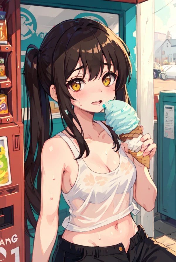 Original Characters, Natural Volumetric Lighting And Best Shadows, Deep Depth Of Field, Sharp Focus, Portrait Of Stunningly Beautiful Petite Girl, Soft Delicate Beautiful Attractive Face With Alluring Yellow Eyes, Sharp Eyeliner, Lovely Medium Small Breasts, Looking At Other, (Open Mouth Eating Ice Cream:1.2), Windswept Disheveled Brown Hair, Thick Layered Medium Twintail Hairstyles, Blush Eyeshadow With Thick Eyelashes, Parted Lips, Sun Tanning Brown Skin, Sweat Wet, (See-Through Tank Top:1.05), Slim Waist With Open Cute Navel, Amazing Cleavage, Straps Short Pants, (Crouch Down, Summer Sweltering:1.1), (Front Of Rustic Small Snack Shop Under Sunlight, Side Vending Machine:1.15), (Highest Quality, Amazing Details:1.4), Masterpiece, Bloom, Picturesque, Vivid Watercolor Paintings