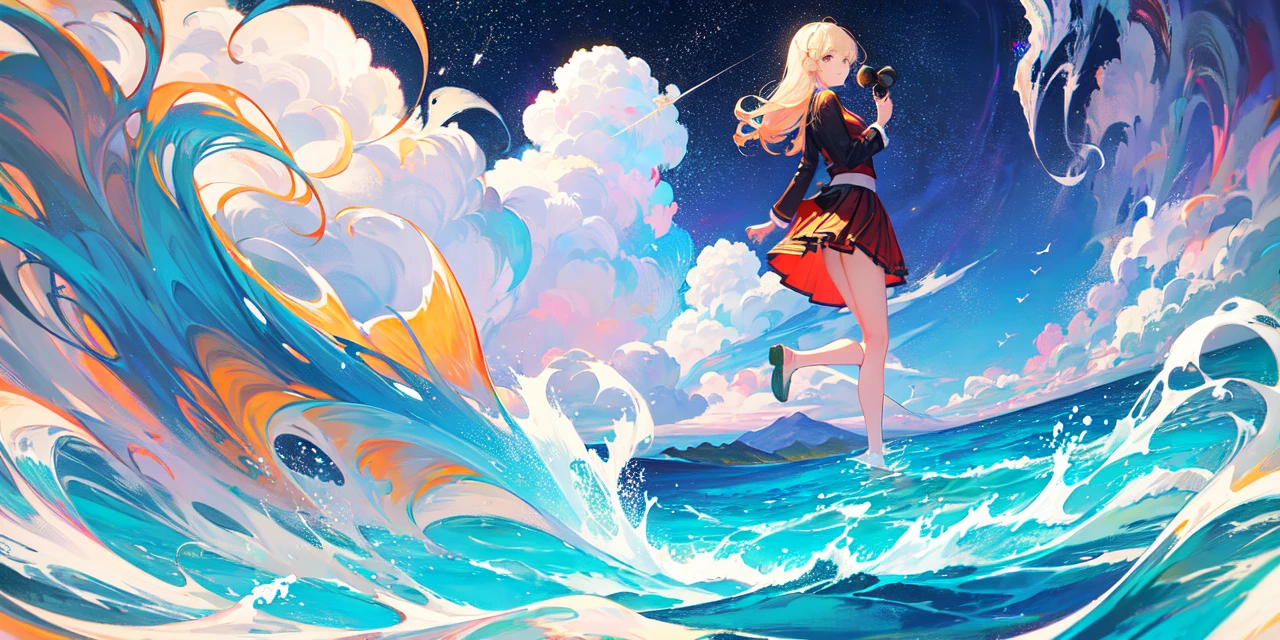 [(white background:1.5)::5], (imid shot:0.95), (full body:1.25), Dynamic angle, [Bottle bottom],(fisheye:1.4), (falt color:1.3),colorful,(masterpiece:1,2), best quality,extremely detailed cg 8k wallpaper,best quality, masterpiece, highres, original, extremely detailed wallpaper,1girl, looking at viewer,1girl,solo,floating colorful water,ocean, night, floating colorful wind,floating colorful fire,colorful simple background,colorful school uniform, (tantou:1.3), form_back,back,looking back,