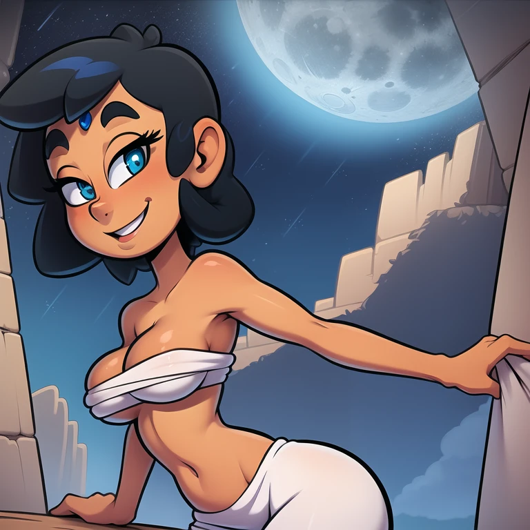 best quality, high resolution, (tohdraws:1.1), Princess Jasmine, from Disney's Aladdin, black hair, tan, silk, man, (1girl, solo:1.1), large breasts, smile, detailed eyes, looking at viewer, night, moonlight, starry sky, palace