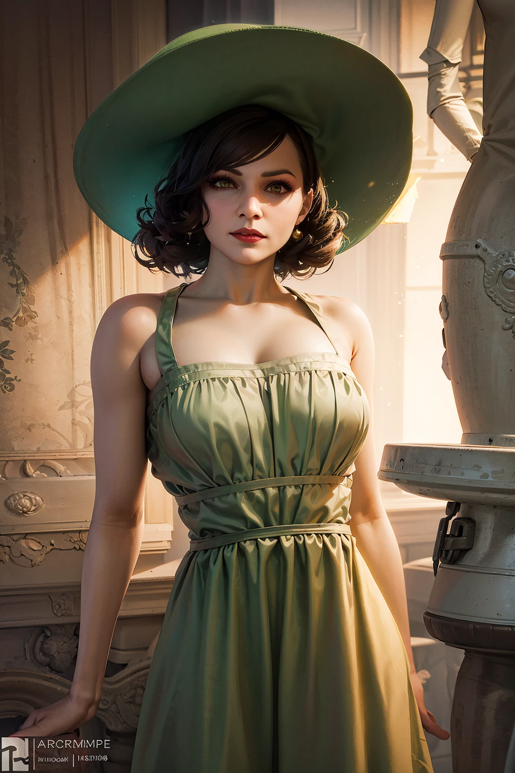 1girl, cowboy shot of re8dmtrsc, (green sundress:1.2),  bare shoulders, looking at viewer, particles, volumetric lighting, best quality, masterpiece, intricate details, tonemapping, sharp focus, hyper detailed, trending on Artstation, realistic <lora:sxz-lady-dimitrescu:0.6>