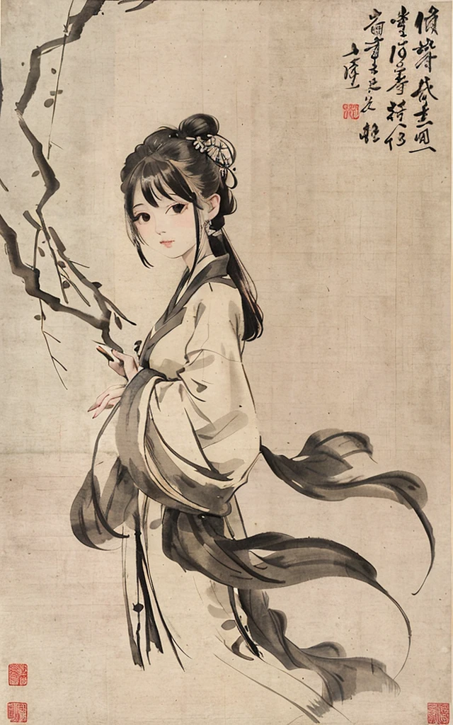 shukezouma, negative space, , shuimobysim , <lora:shuV2:0.8>, portrait of a woman standing , willow branches, (masterpiece, best quality:1.2), traditional chinese ink painting, <lora:shuimobysimV3:0.7>, modelshoot style, peaceful, (smile), looking at viewer, wearing long hanfu, hanfu, song, willow tree in background, wuchangshuo,