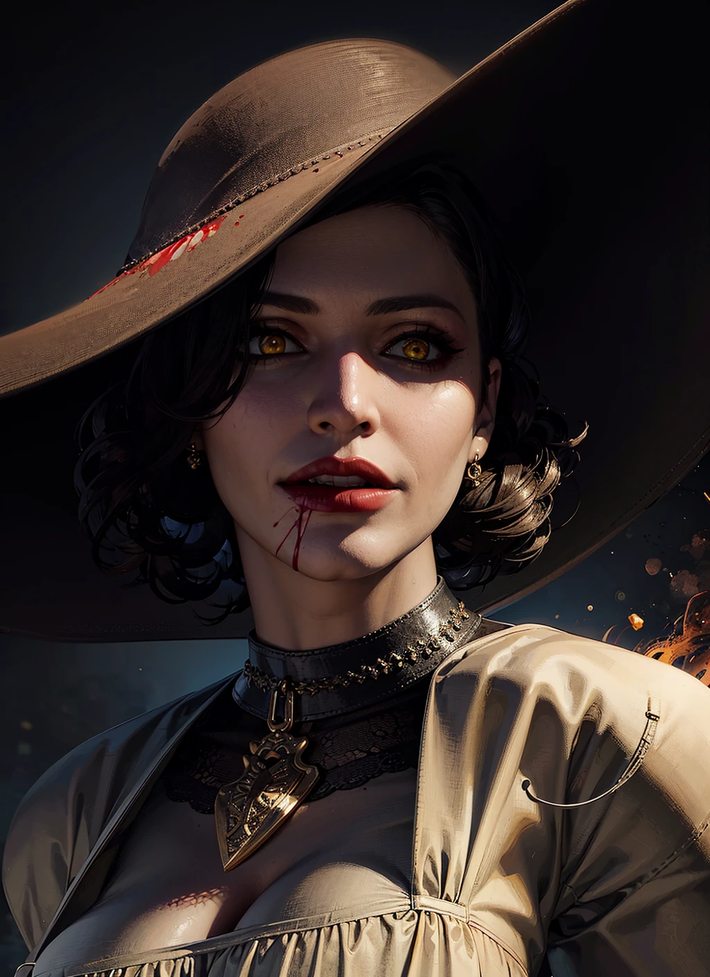 1girl, portrait of re8dmtrsc, glowing eyes, yellow eyes, white dress, black sun hat, (blood on face), looking at viewer, particles, volumetric lighting, best quality, masterpiece, intricate details, tonemapping, sharp focus, hyper detailed, trending on Artstation, realistic <lora:sxz-lady-dimitrescu:0.6>,  <lora:to8contrast style ContrastFix_sd15:0.6>