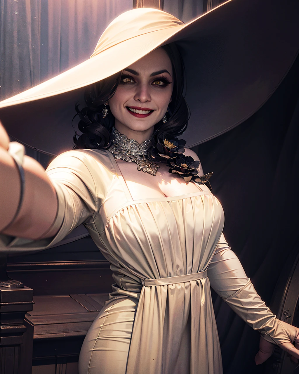 1girl, selfie, beautiful re8dmtrsc, evil grin, teeth, yellow eyes, black sun hat, white dress with black flower, curvy, spoken heart, volumetric lighting, best quality, masterpiece, intricate details, tonemapping, sharp focus, hyper detailed, trending on Artstation, realistic <lora:sxz-lady-dimitrescu:0.7>