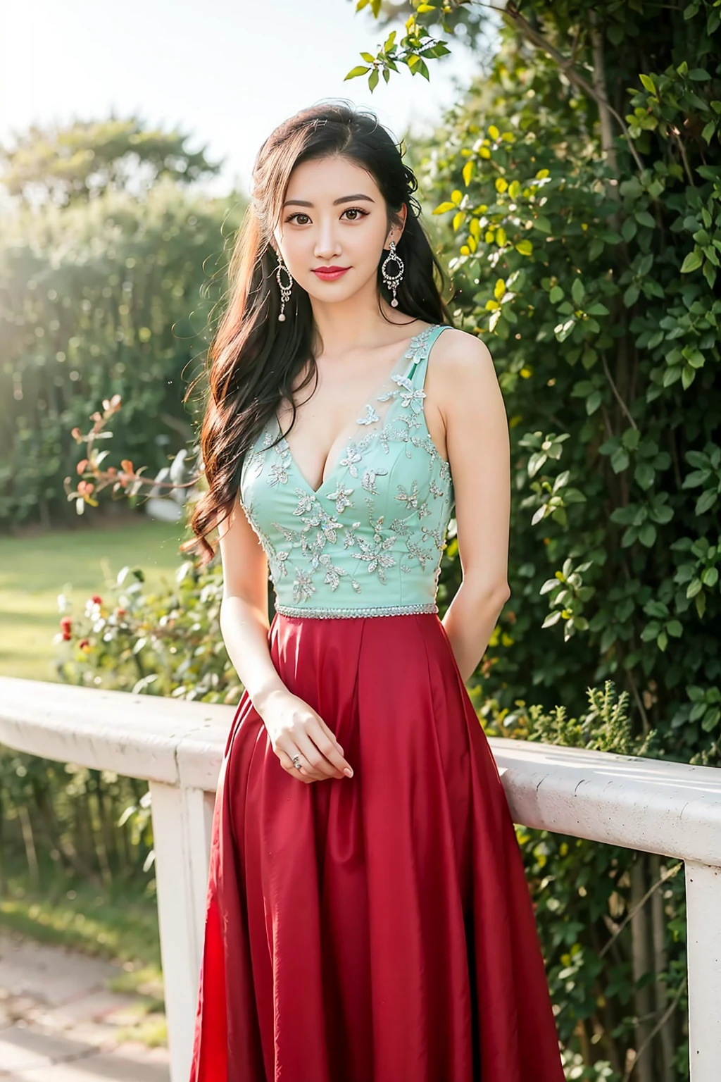 masterpiece, best quality, 1girl, aqua eyes, black hair, closed mouth, earrings, multicolored background, hoop earrings, jewelry, looking at viewer, sexy dress, long hair, outdoors, solo, full body, alluring, clean, beautiful face, pure face, pale skin, little smile,