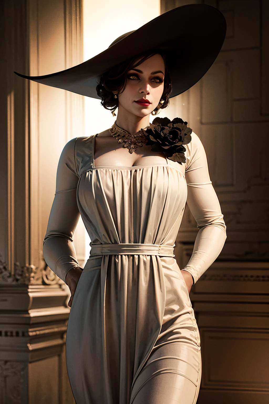 1girl, cowboy shot of beautiful re8dmtrsc, yellow eyes, tall, white dress with black rose flower, jewelry, black hat, volumetric lighting, best quality, masterpiece, intricate details, tonemapping, sharp focus, hyper detailed, trending on Artstation, realistic <lora:sxz-lady-dimitrescu:0.6>